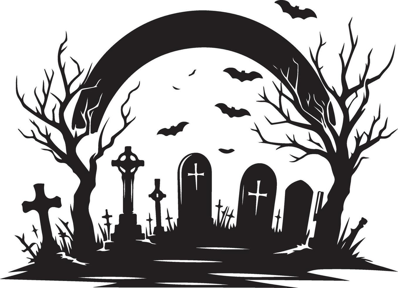 simple and minimal Gloom and Doom Graveyard Scene Silhouette vector
