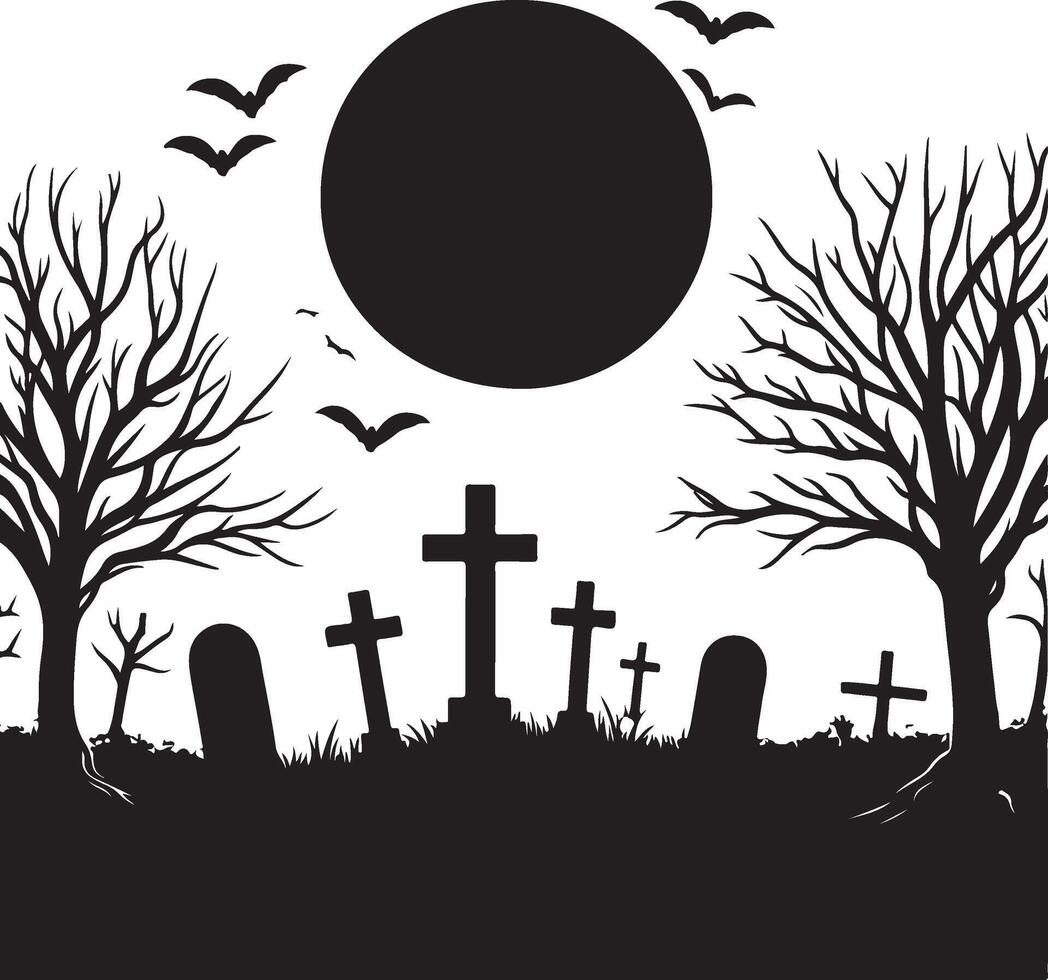 simple and minimal Gloom and Doom Graveyard Scene Silhouette vector