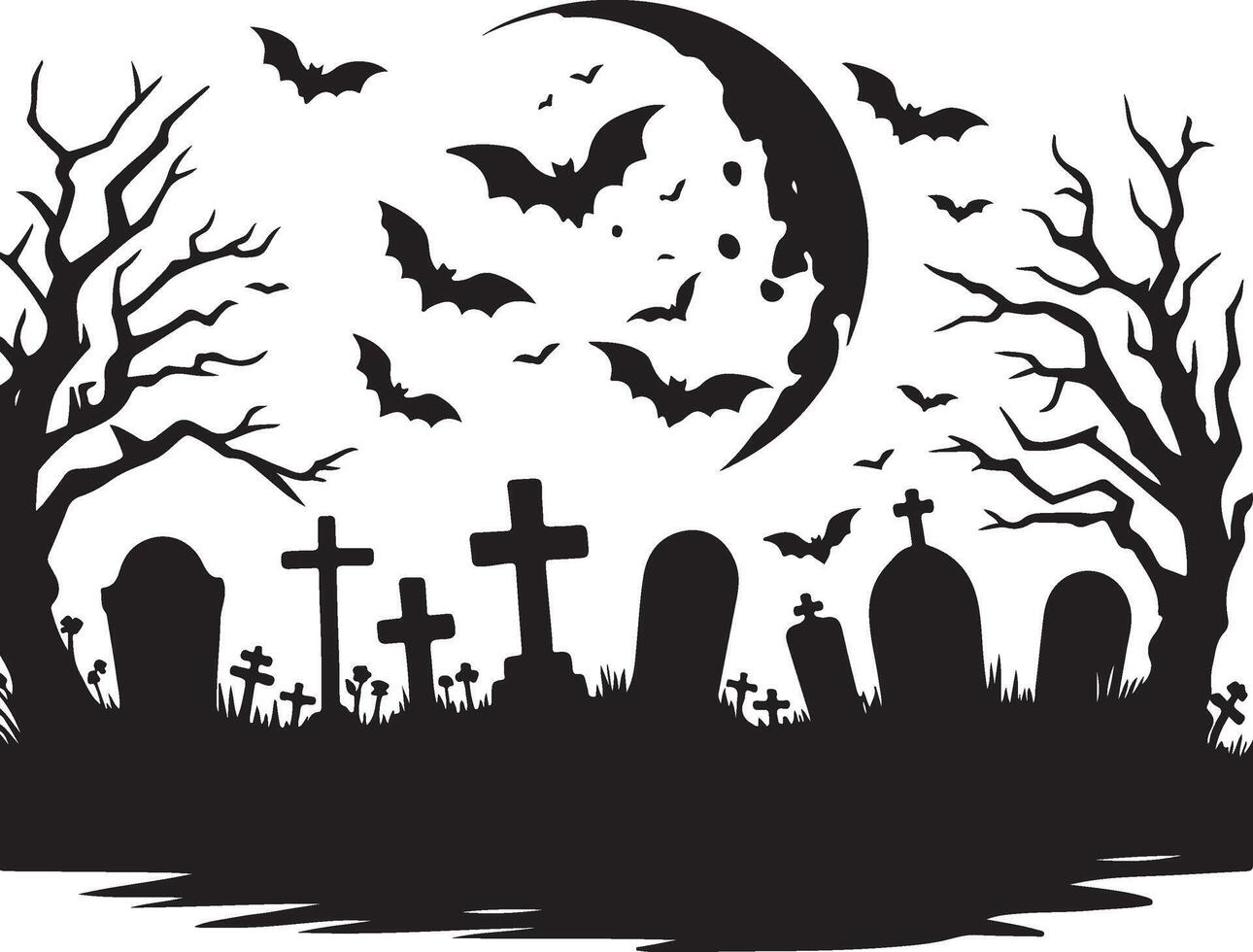simple and minimal Gloom and Doom Graveyard Scene Silhouette vector