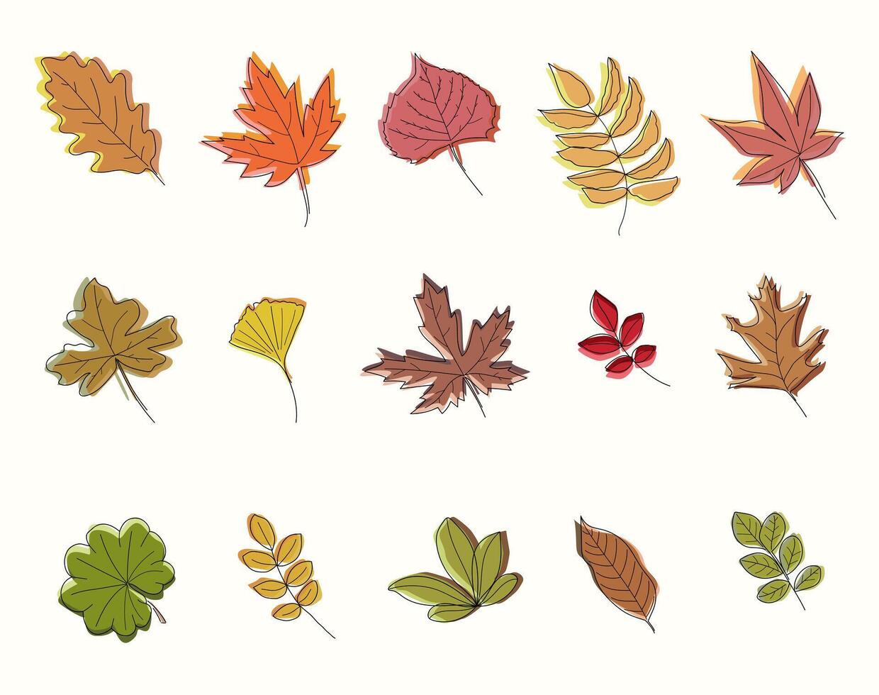botanical color line art autumn leafs elements. hand drawn leaves, leaf branch, colorful bright. Foliage collection for bouquets, decoration, invitation. vector