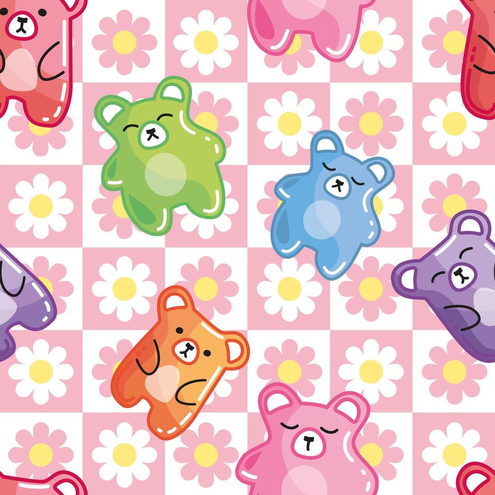 Colorful sweet jelly bears, gummy candies on flower simple background. Seamless pattern. Texture for fabric, wallpaper, decorative print vector