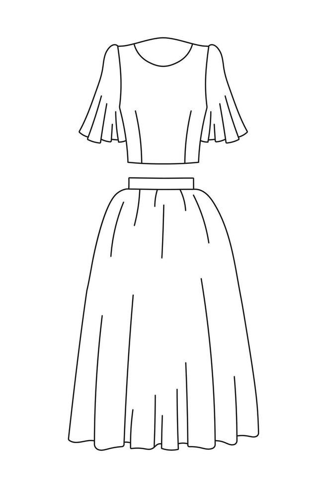 Silhouette of a blouse and skirt, sketch of a women's suit, wardrobe vector