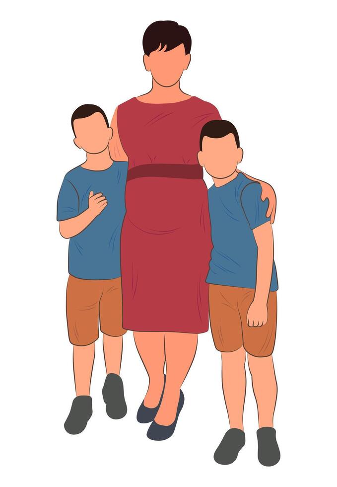 Silhouette of a pregnant mother hugging her two sons, maternal feelings vector