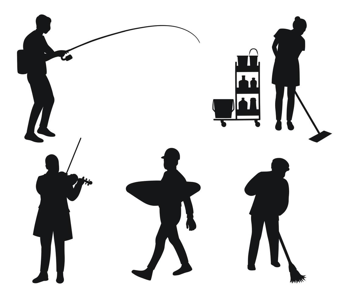 Cleaning lady, janitor, fisherman, loader, musician, violinist, silhouettes of people, professions, hobbies vector