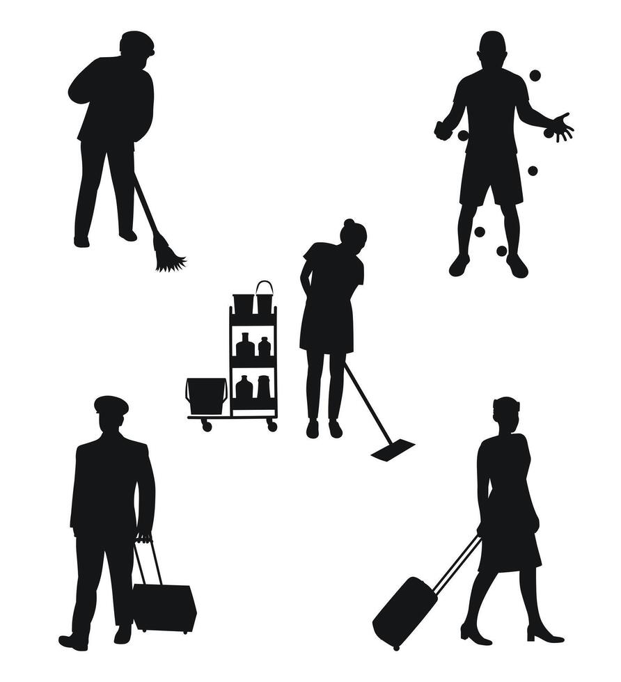 Janitor, cleaning lady, juggler, pilot, flight attendant, people silhouette, professions and hobbies vector