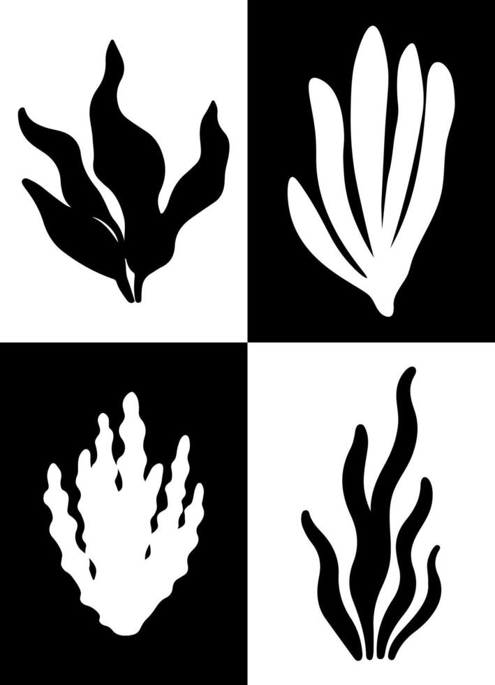 Poster of black and white silhouette seaweed and corals illustrations. Algae modern print. Perfect for marine-themed, underwater scenes and graphic design. vector