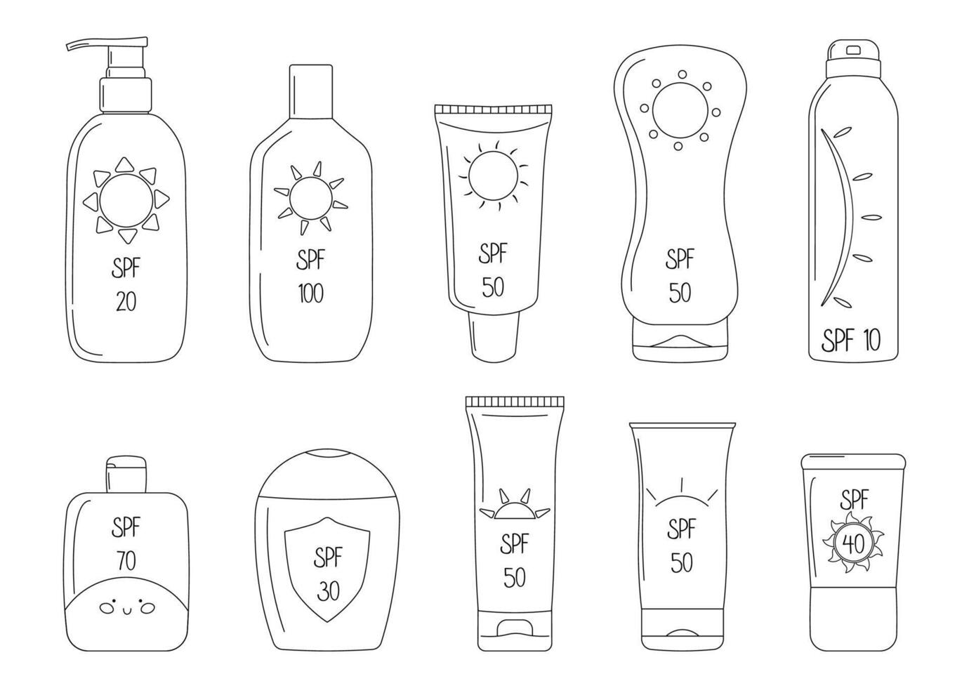 various SPF levels. Oil, balm, spray, lotion, cream in various tubes. Protection from the sun. Cute simple outline elements. Ideal for skincare product advertising. vector