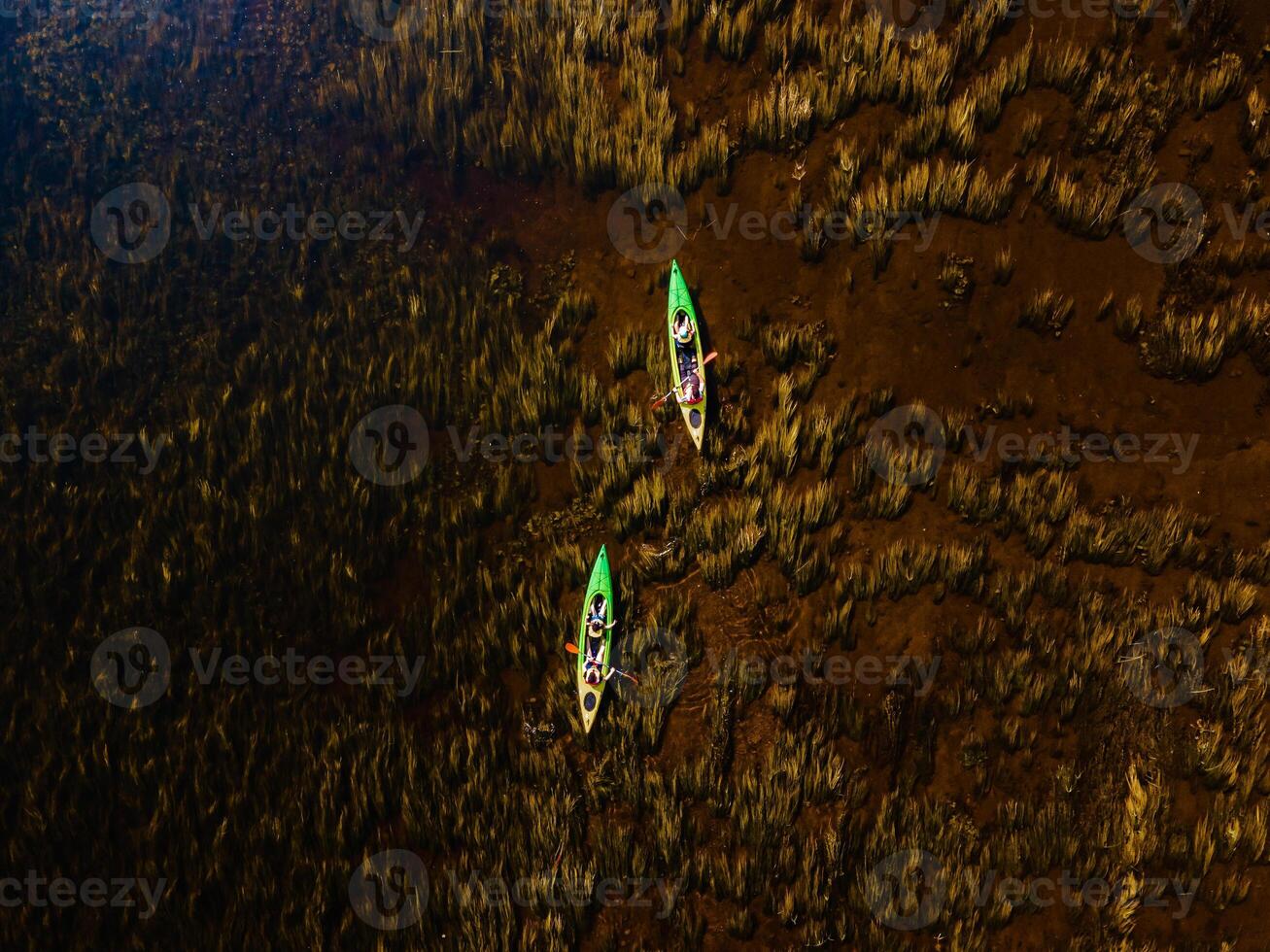Aerial view of two kayakers on a serene river with underwater plants visible photo