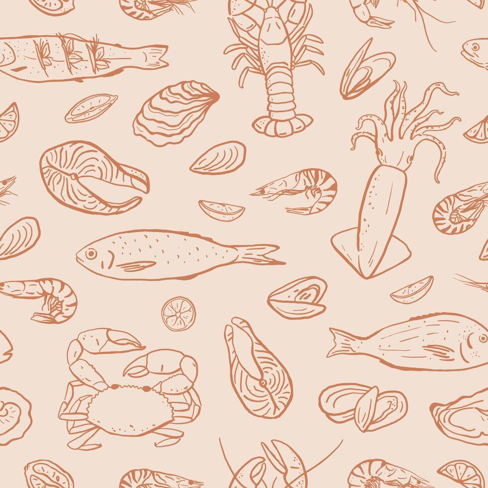 Seamless pattern with hand drawn seafood. Different types of fish, clams and shellfish vector