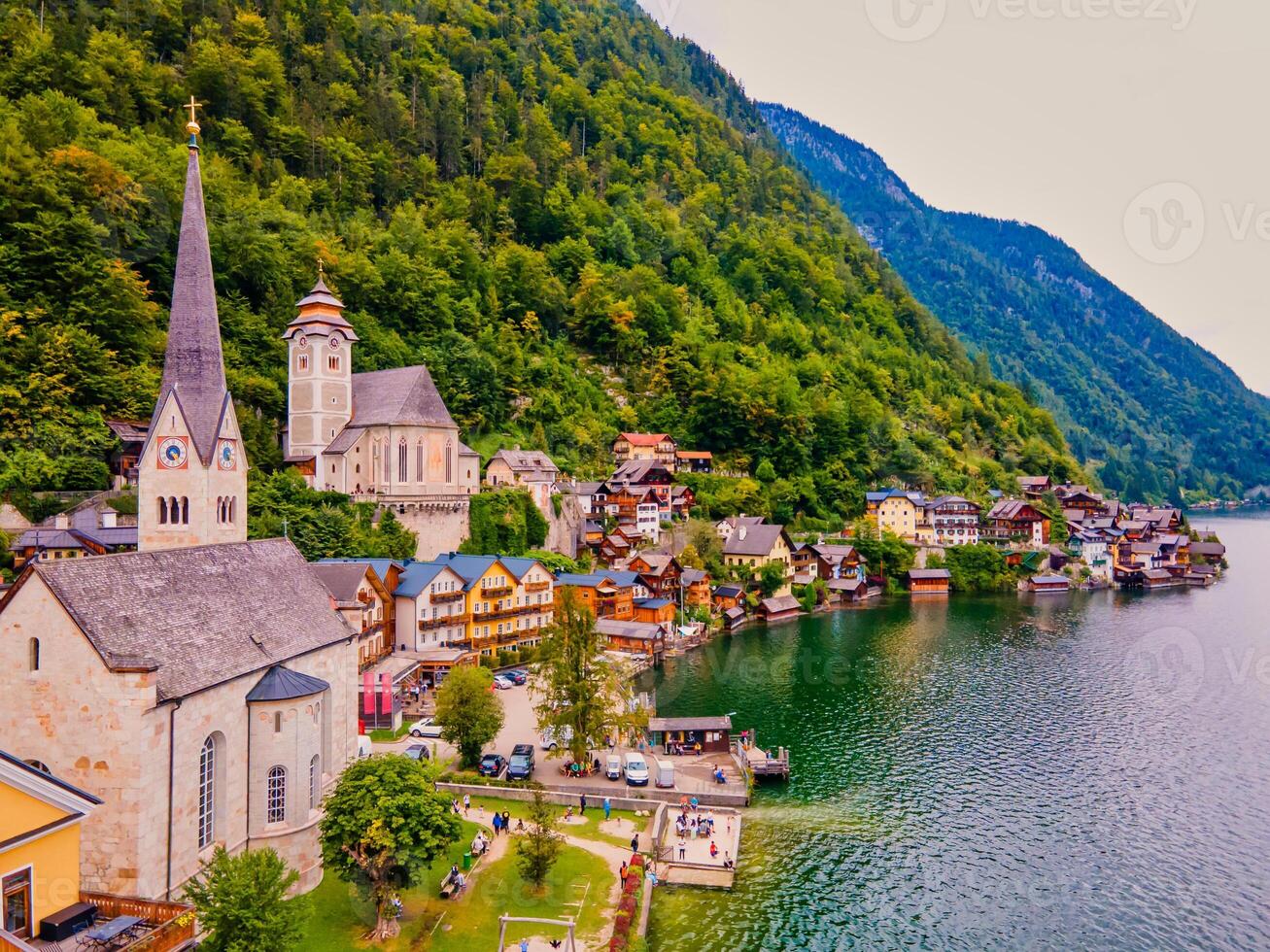 Beautiful mountain village Hallstatt in the Austrian Alps, Salzkammergut region, Hallstatt, Austria. Aerial drone view. photo