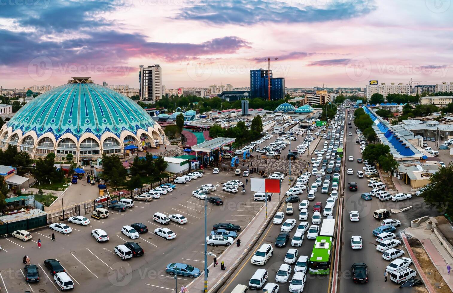 Aerial Panorama view of the Chorsu market in Tashkent, Uzbekistan photo