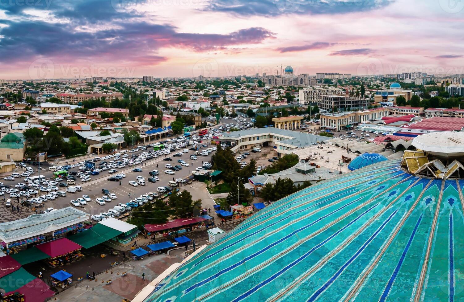 Aerial Panorama view of the Chorsu market in Tashkent, Uzbekistan photo