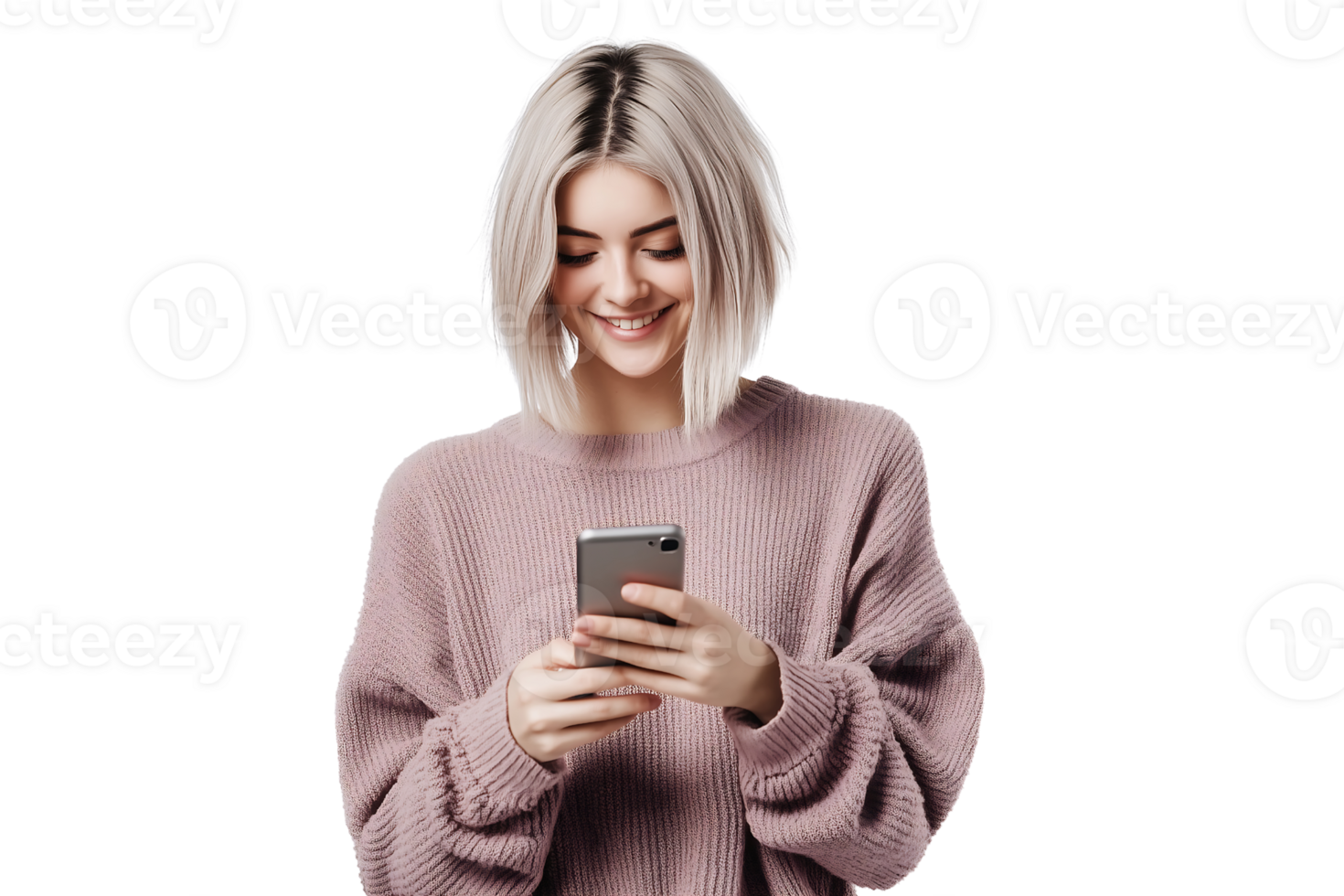 happy caucasian female model with Short Bob standing scrolling on her phone on a transparent background png