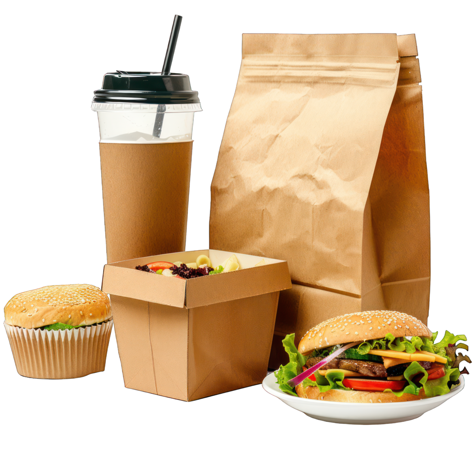 Collection and delivery food background. Fast food eco packaging with tasty hamburger, french fries, paper coffee cup and soup, isolated on white or transparent background. png