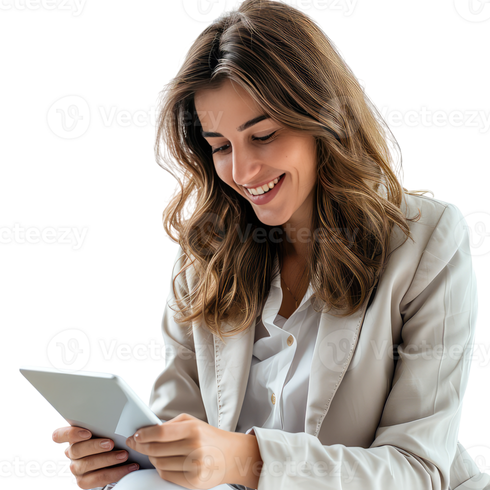 Studio shot of smiling young businesswoman reading notes png