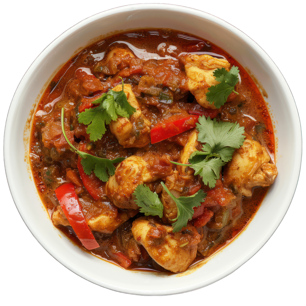 Chicken Vindaloo with spinach in black bowl isolated on white or transparent background . Portuguese Influenced Indian dish made by cooking chicken in vindaloo spice paste. png