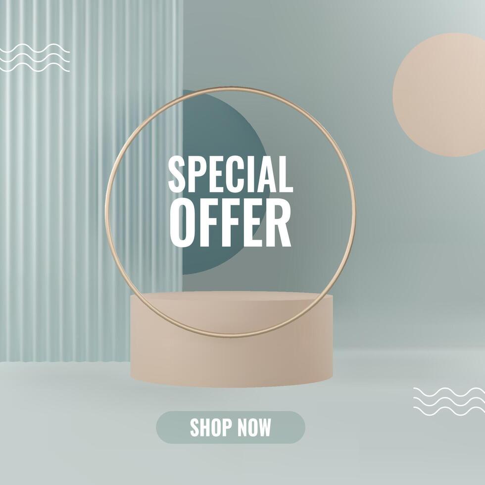 3D podium background in grounding hues. Realistic product display with reeded translucent glass. Elegant platforms with gold ring. Mockup background for promotion and sale vector