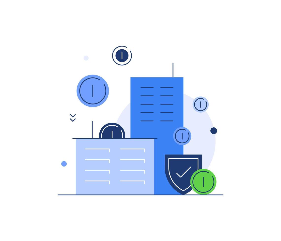 Estate investment,Simple flat illustration,Buildings with shield and coins falling on them vector