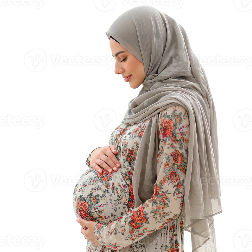 A pregnant woman wearing a floral print dress and a hijab isolated on transparent backgroun png