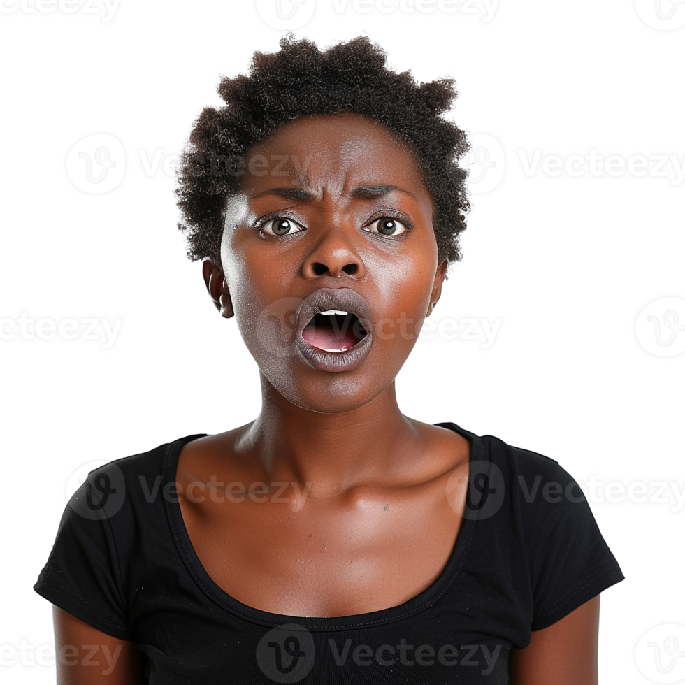 A woman with a surprised expression on her face isolated on transparent background png