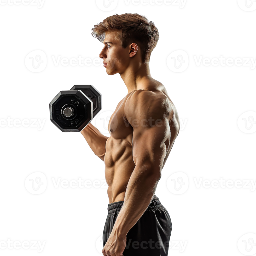 A man is lifting a dumbbell in a gym. Concept of strength and determination png