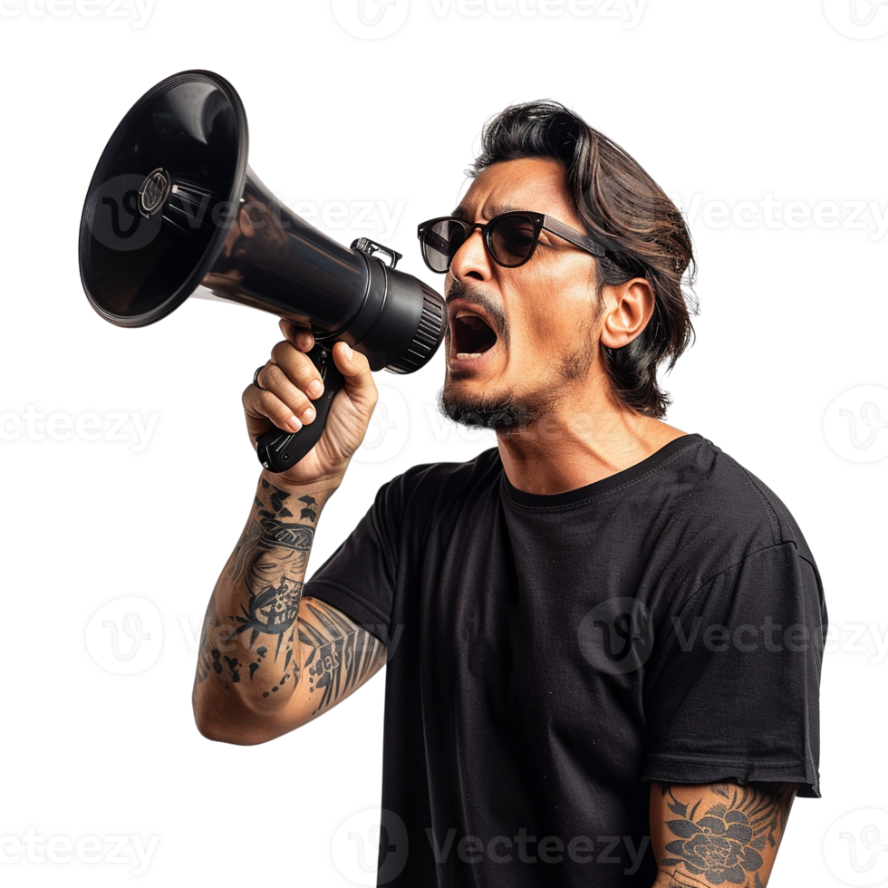 A man with a microphone and a tattoo on his arm is yelling into it. Concept of rebellion and defiance, as the man is using the microphone to make a statement or express his opinion png