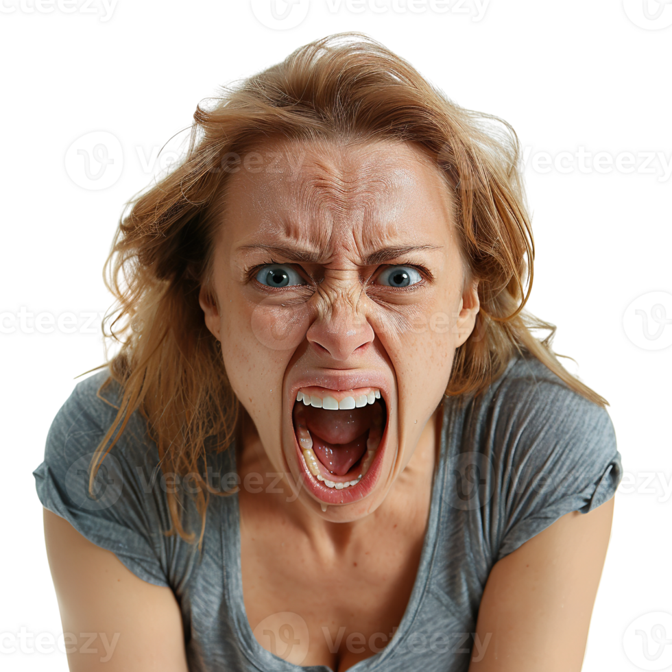 A woman with a red face and a mouth open, screaming png