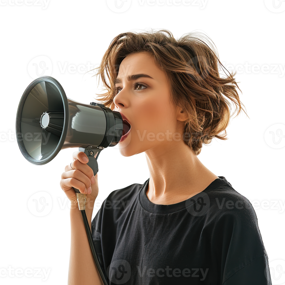 A woman is holding a microphone and making a loud noise. Concept of excitement and energy, as if the woman is performing or giving a speech png