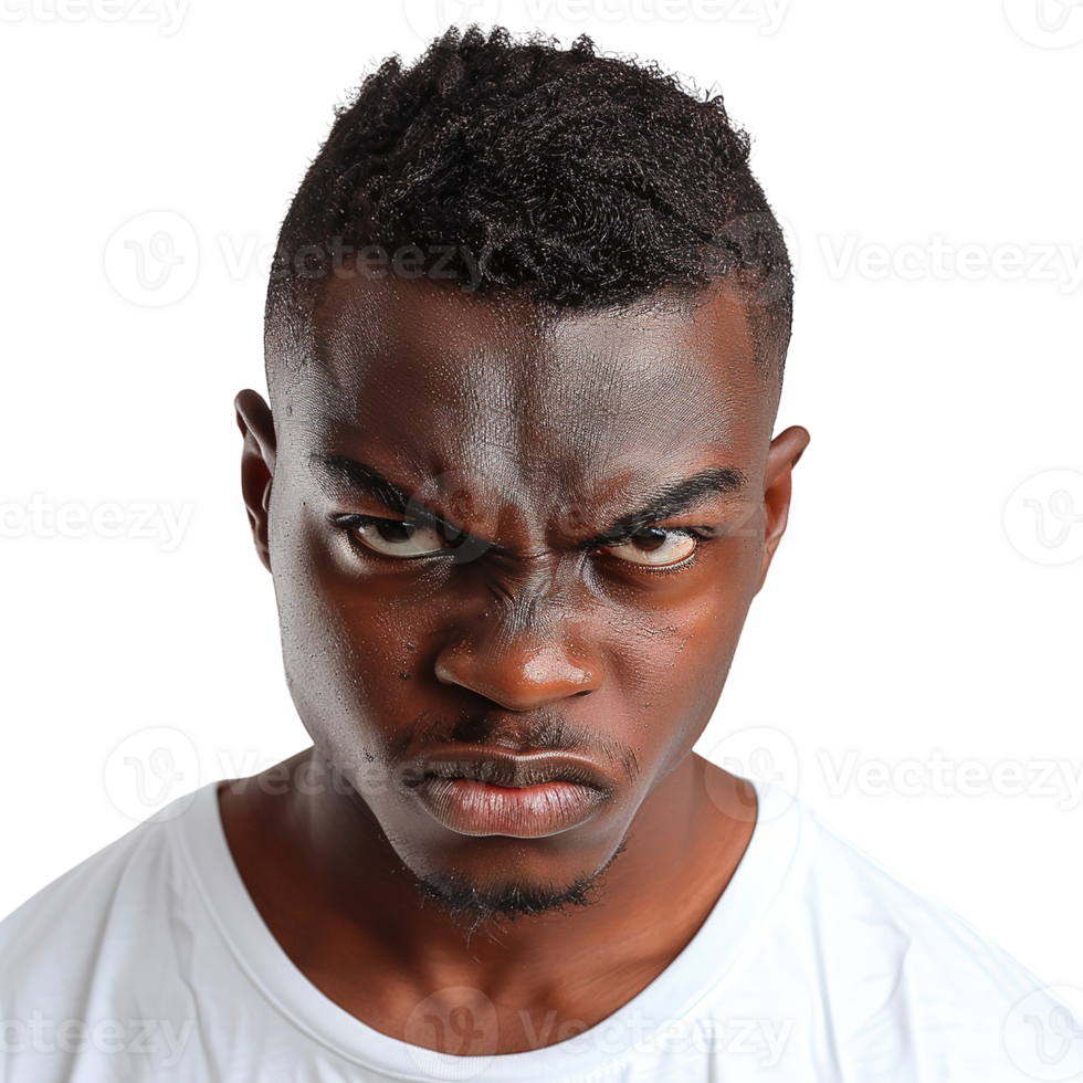 Closeup portrait of young african man with intense angry expression glaring directly at camera with furrowed brow wearing white shirt isolated on transparent background background png