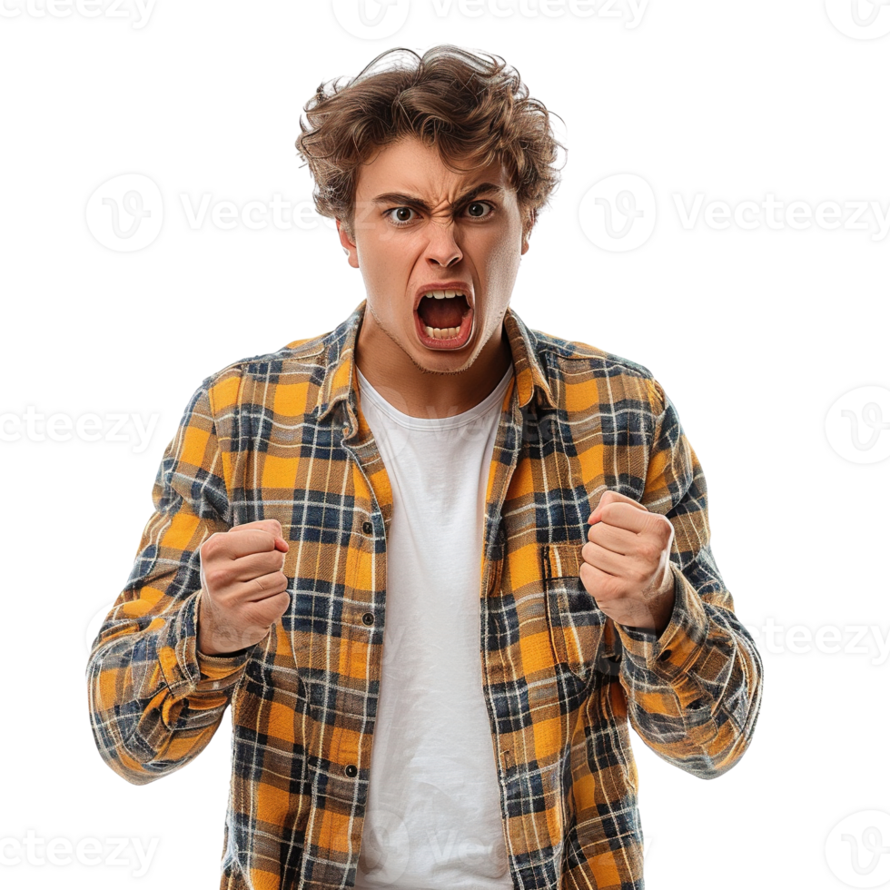 een jong Mens met een plaid overhemd en wit overhemd is boos en is maken een vuist png