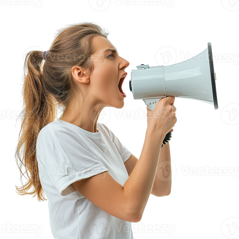 A woman is holding a microphone and yelling into it. Concept of anger and frustration, as the woman's loud voice and the microphone's volume suggest that she is expressing her emotions strongly png