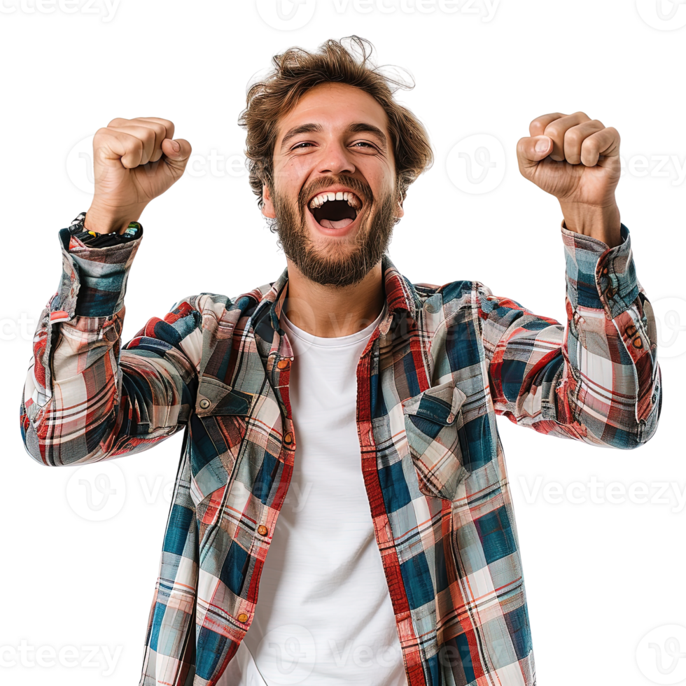 A man with a beard is smiling and raising his hands in the air png