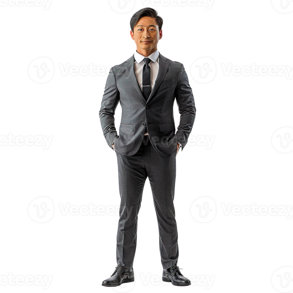 A businessman in a gray suit and tie stands isolated on transparent background png