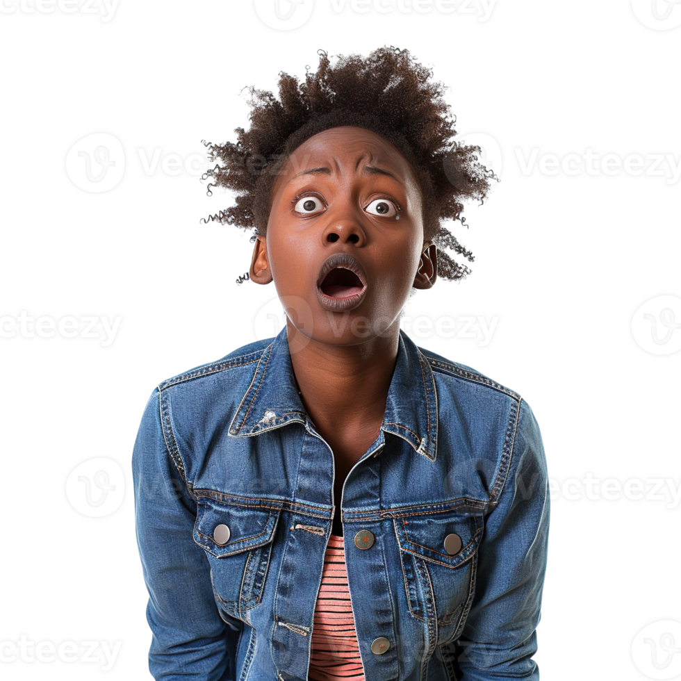 A woman with a surprised expression on her face isolated on transparent background png