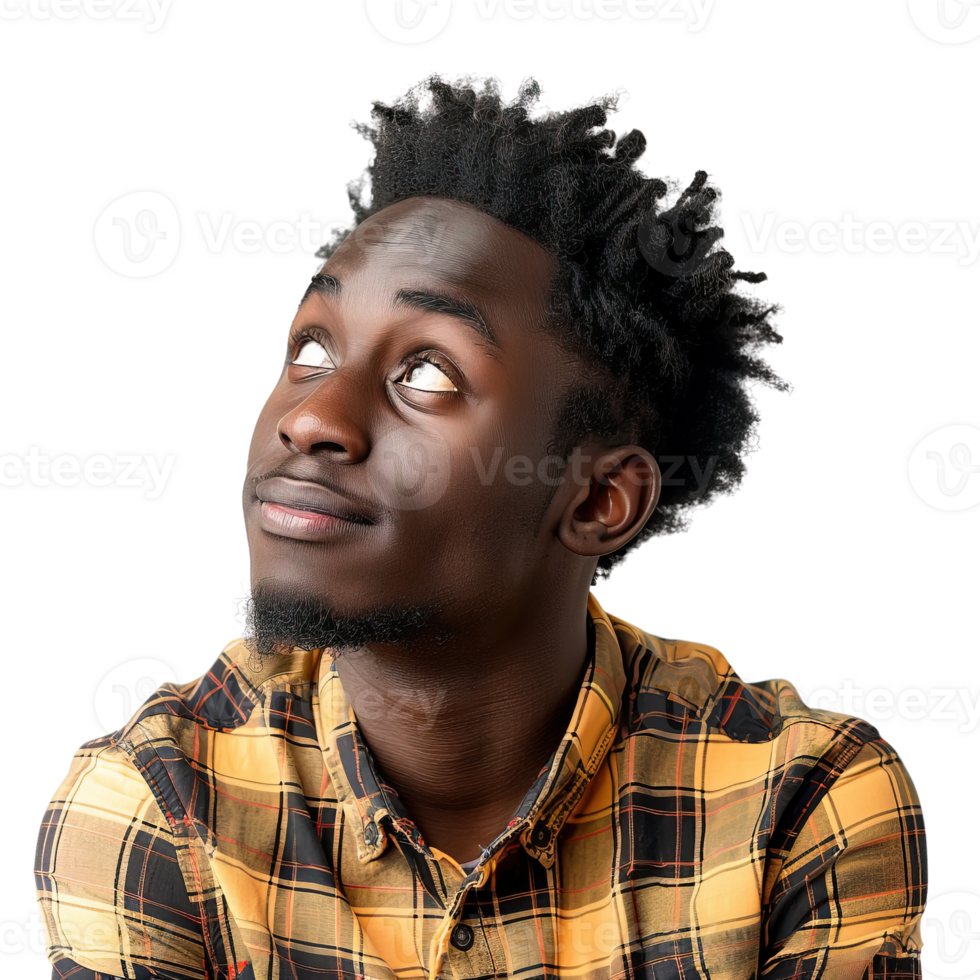 A man with a beard and dreadlocks is looking up at the camera with a smile on his face png