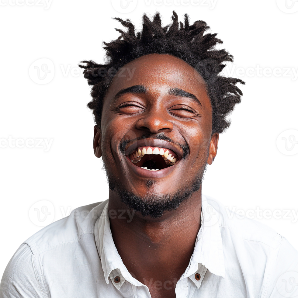 A man with a beard and dreadlocks is smiling and laughing png