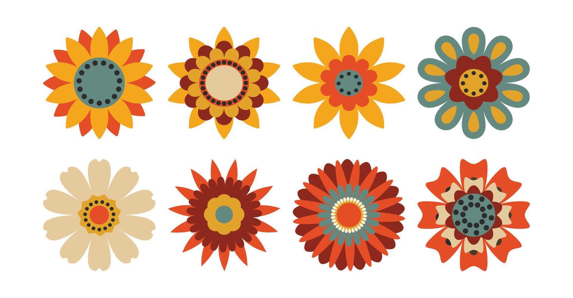 Nostalgic 60s and 70s retro flowers collection. Floral geometric vintage set in hippie style. vector