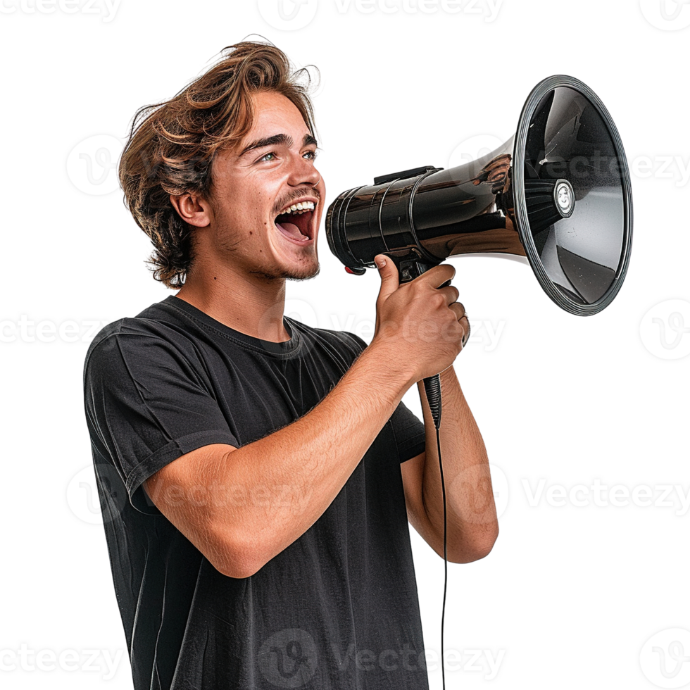 A man is holding a microphone and making a loud noise isolated on transparent background png