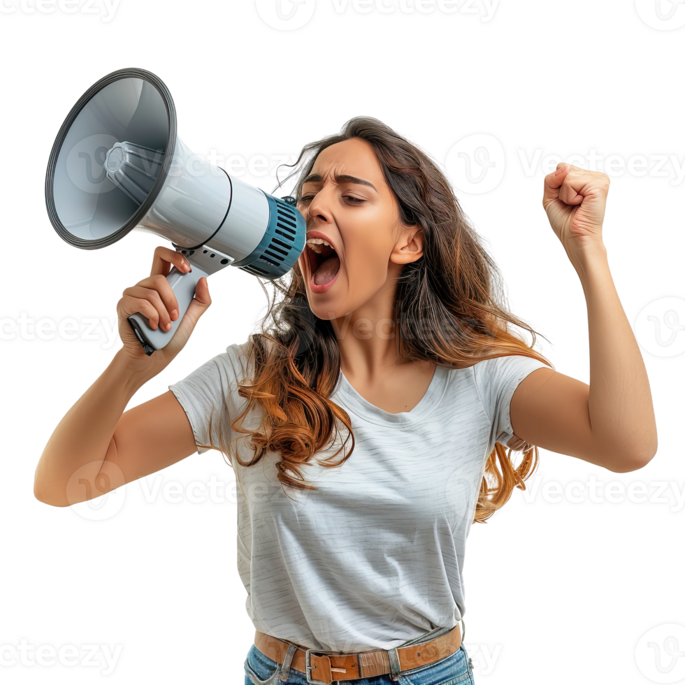 A woman is holding a microphone and yelling into it. Concept of excitement and energy, as if the woman is performing or giving a speech png
