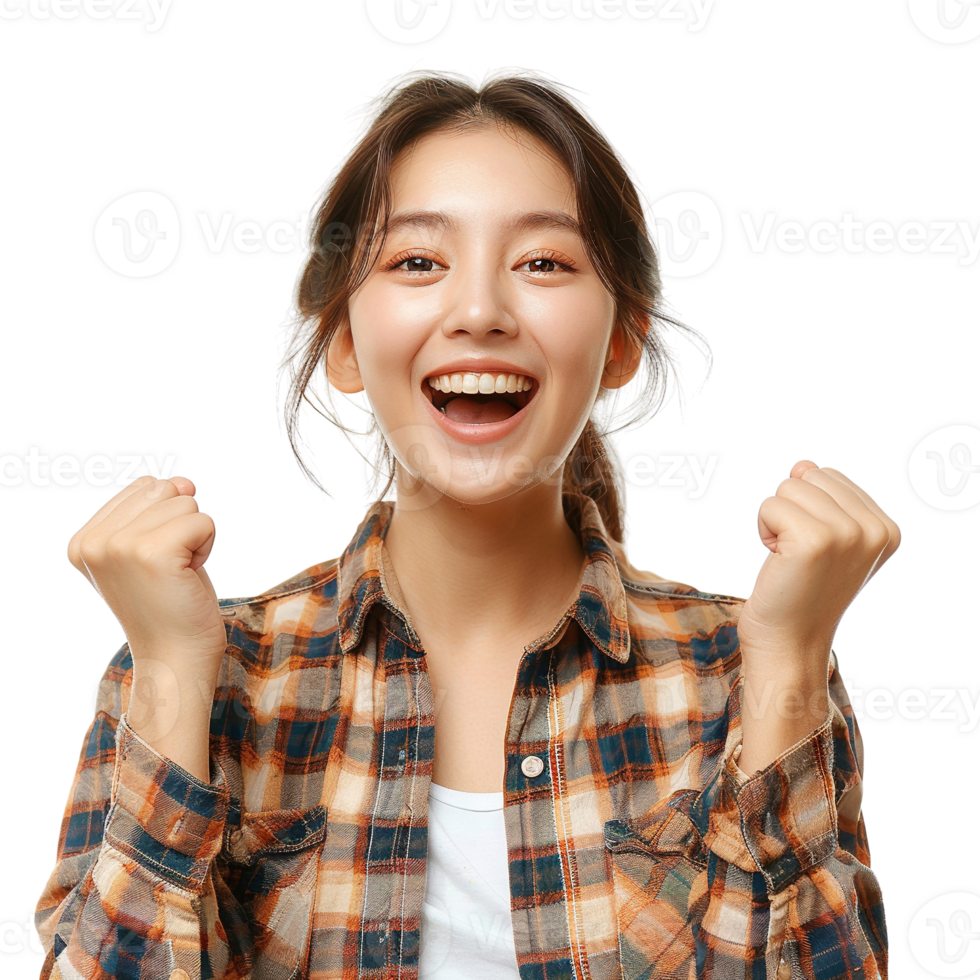 Young asian female with joyful and excited expression cheering with raised arms on transparent background png