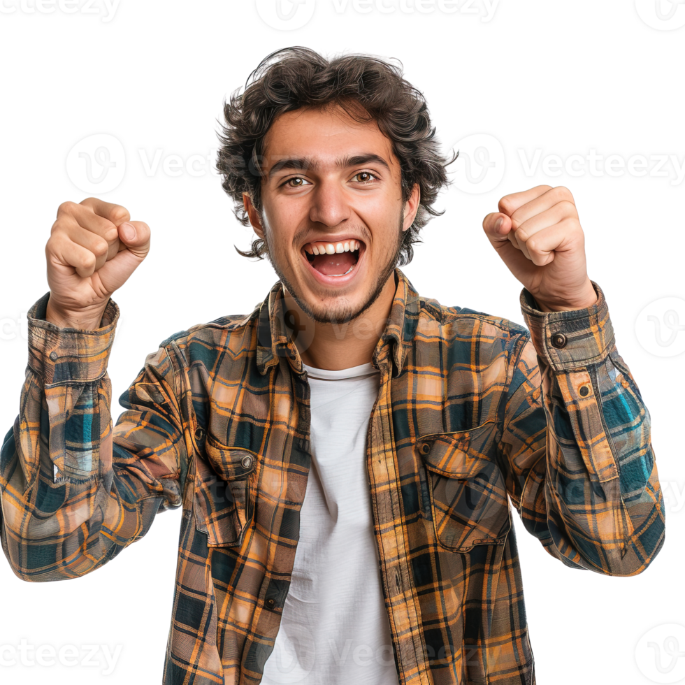 A man with a plaid shirt and white shirt is smiling and raising his hands in the air png