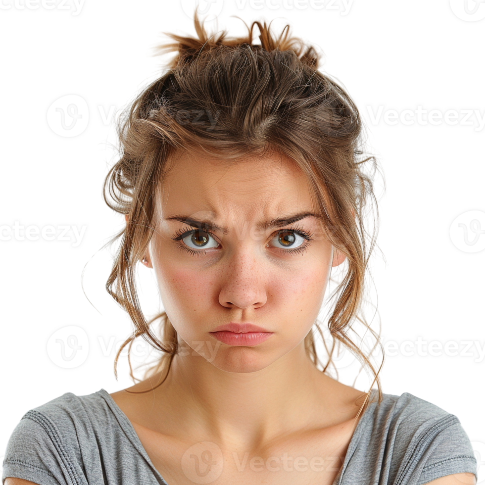 A woman with brown hair and a red nose is looking at the camera with a frown on her face png