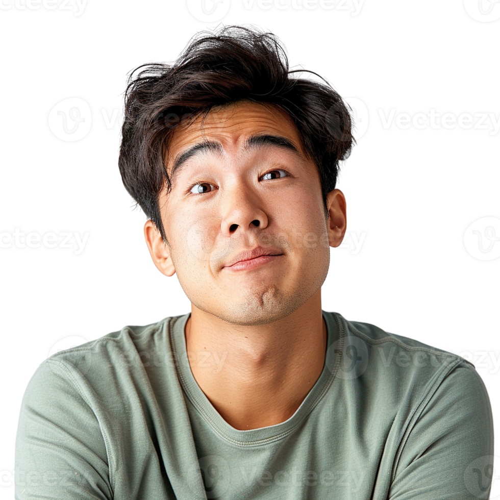 A man with a green shirt is looking at the camera with a puzzled expression. He is deep in thought or contemplating something png