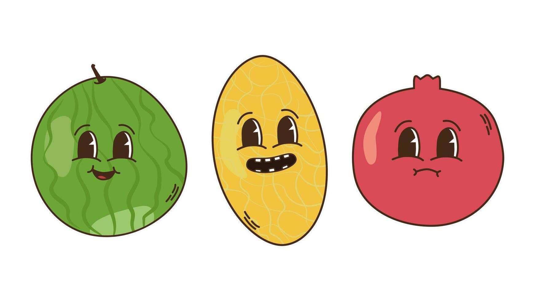 Fruits and berries in groovy style set. Characters trendy retro, comic mascot. Watermelon melon and pomegranate. Design banner poster. Y2k Hippie 70s, 80s. illustration. vector