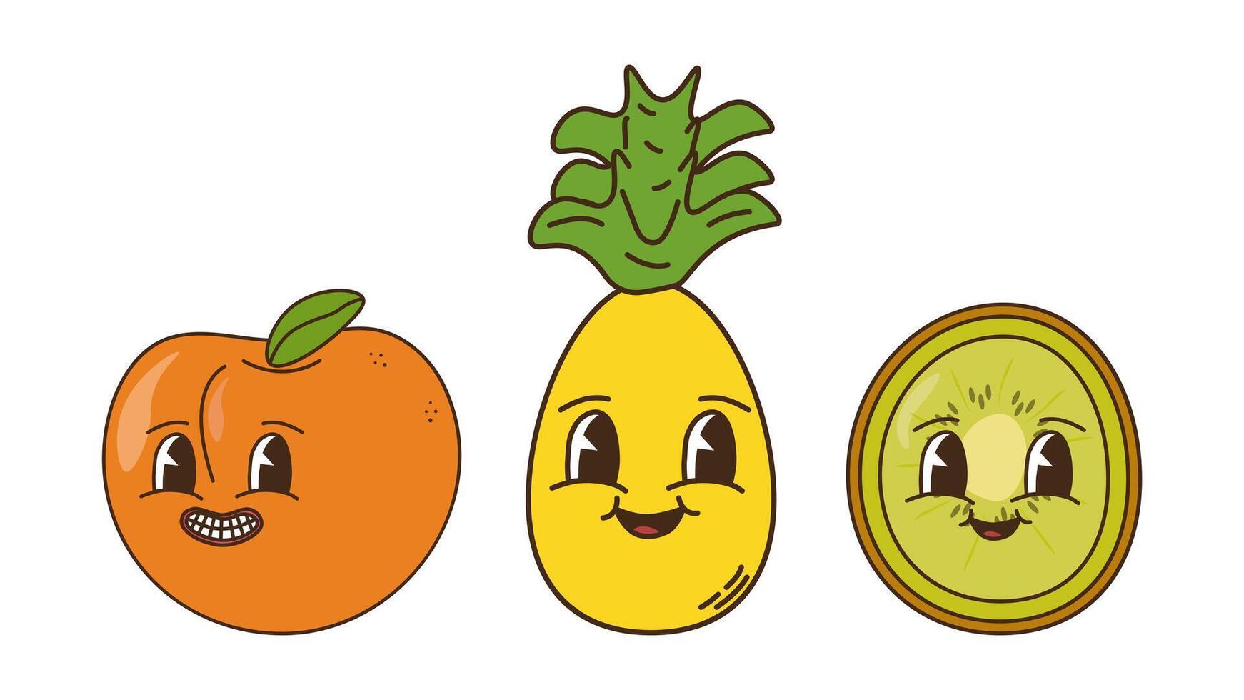 Fruits and berries in groovy style set. Characters trendy retro, comic mascot. Orange pineapple and kiwi. Design banner poster. Y2k Hippie 70s, 80s. illustration. vector