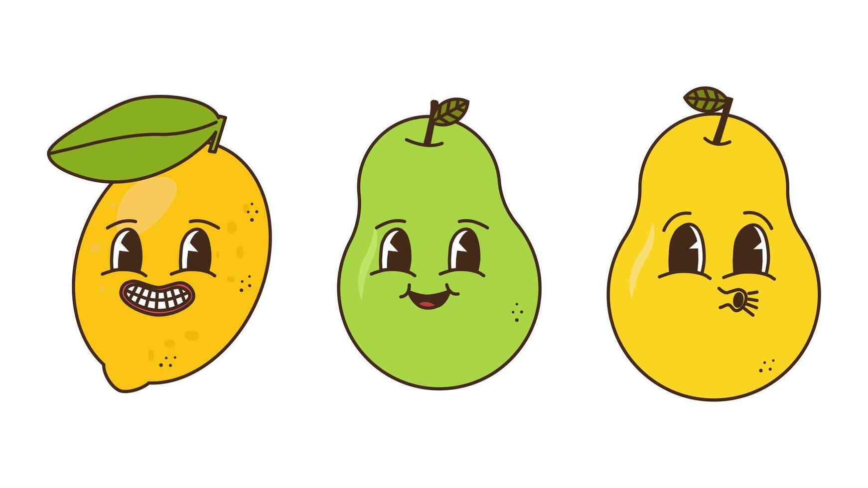 Fruits and berries in groovy style set. Lemon and pear. Characters trendy retro, comic mascot. Design banner poster. Y2k Hippie 70s, 80s. illustration. vector