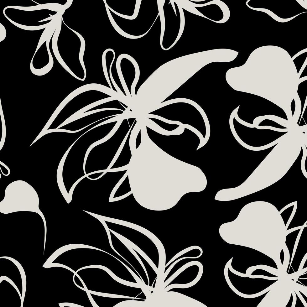 The stark contrast between the black background and the white floral elements enhances the clarity and prominence of the pattern. This makes it suitable for bold vector