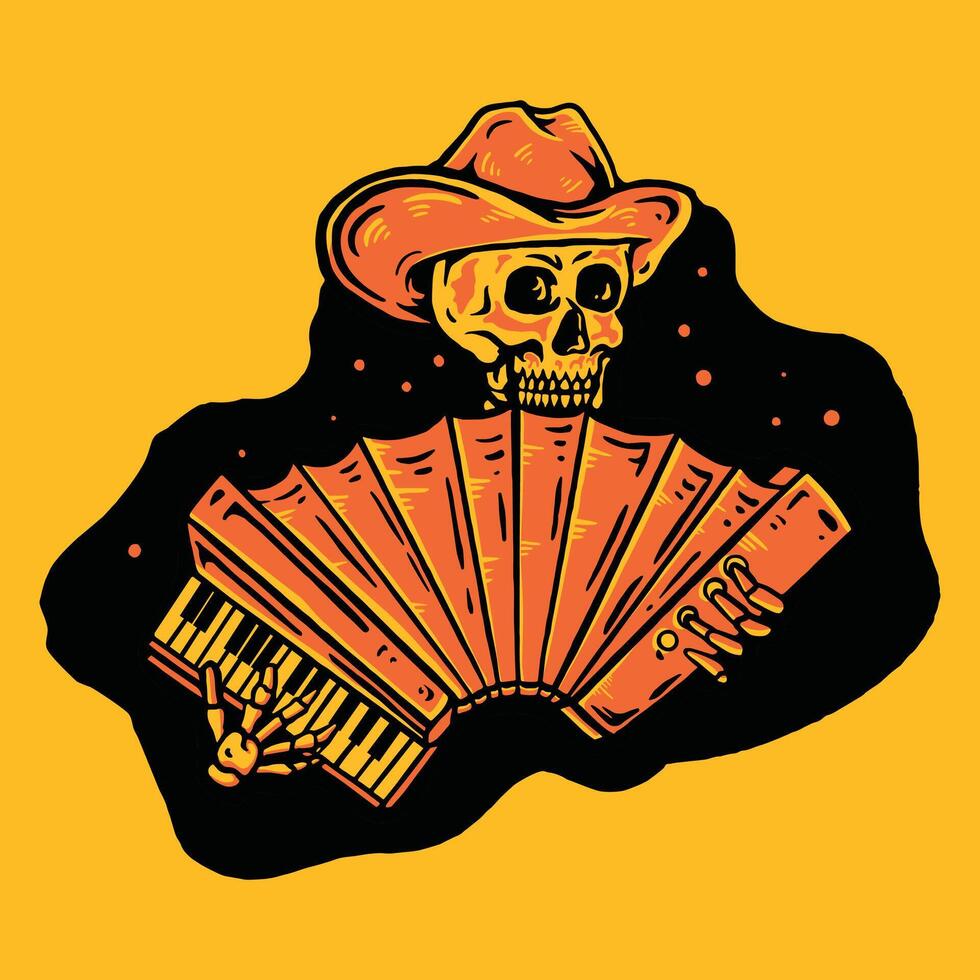 Vintage Halloween Skeleton Cowboy Playing Accordion Illustration with Western Horror Theme vector