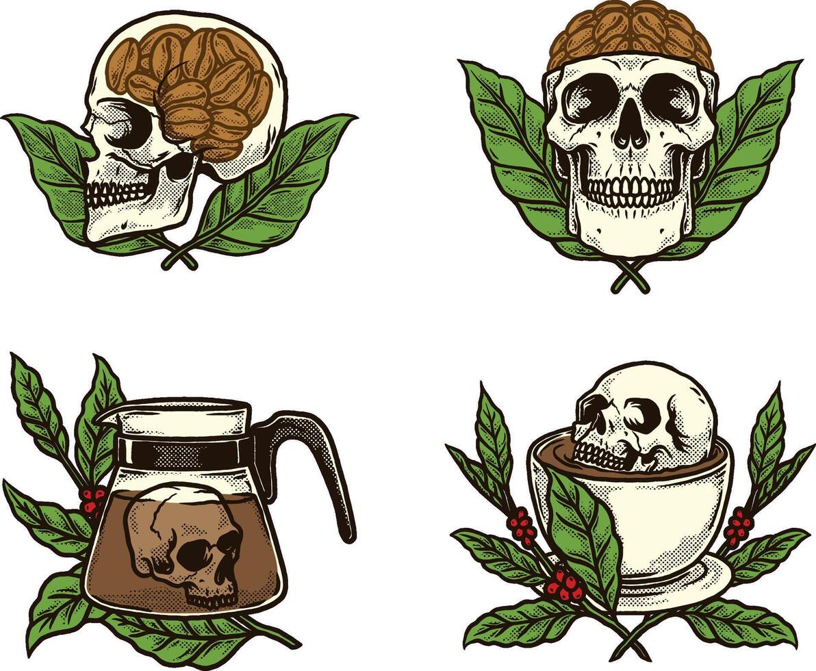 Vintage Skull Coffee Art Collection with Macabre Elements Perfect for Gothic Coffee Lovers and Dark-Themed Designs vector