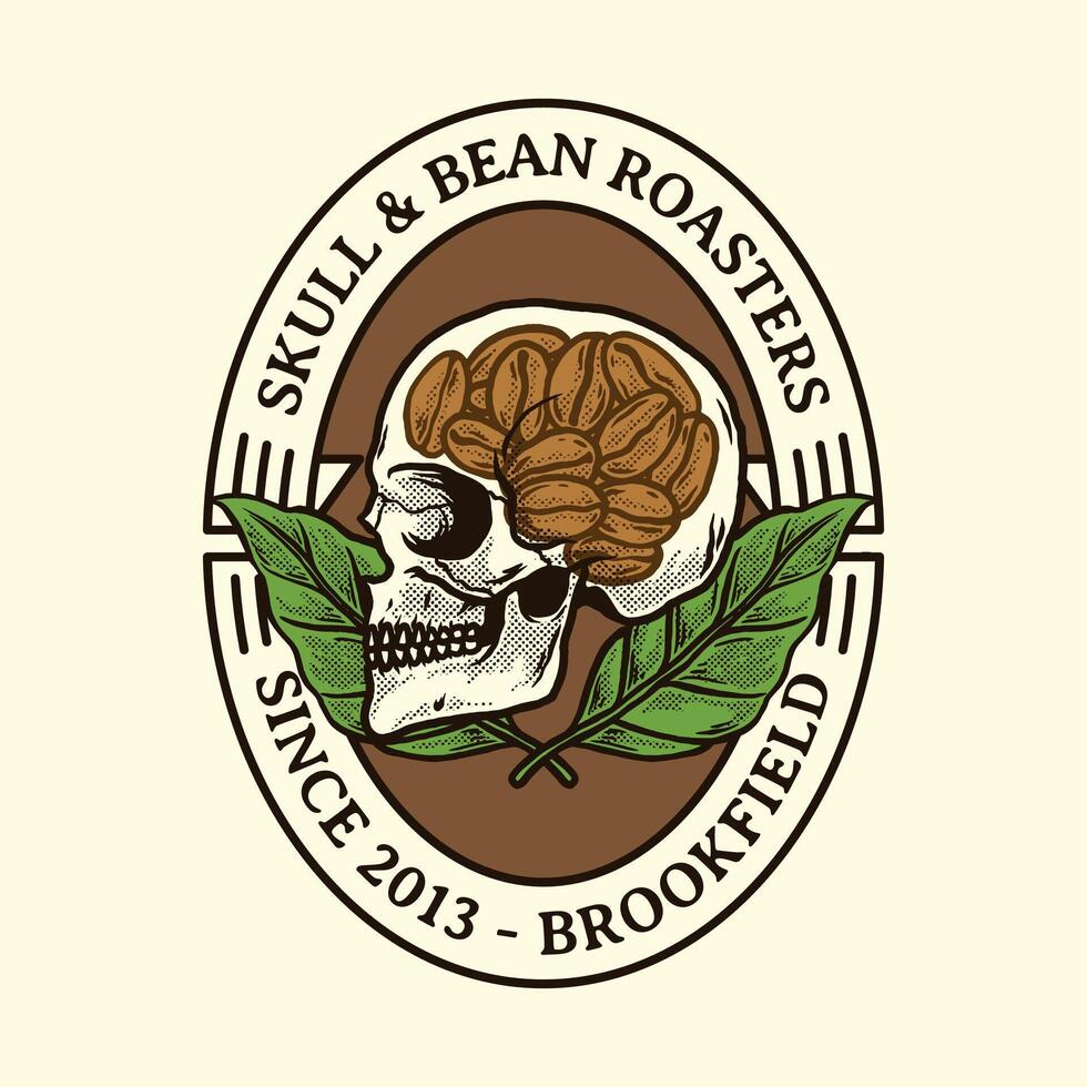 Vintage Skull and Bean Roasters Logo with Coffee Brain and Leaves Perfect for Coffee Shops and Merchandising vector